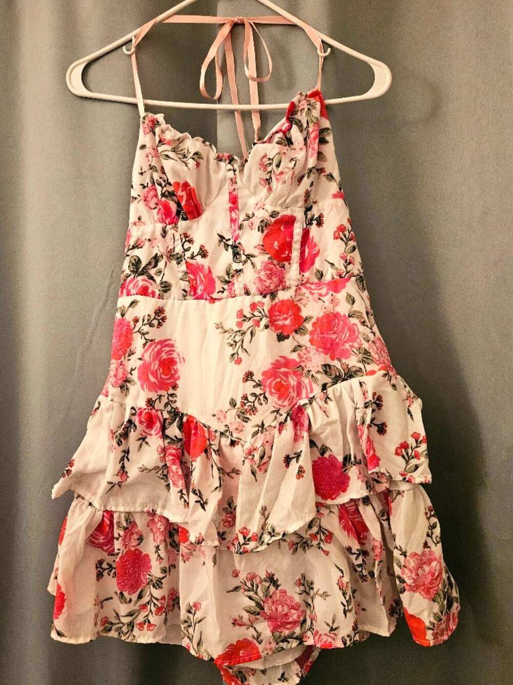 Crystal Doll floral ruffle corset style mini dress